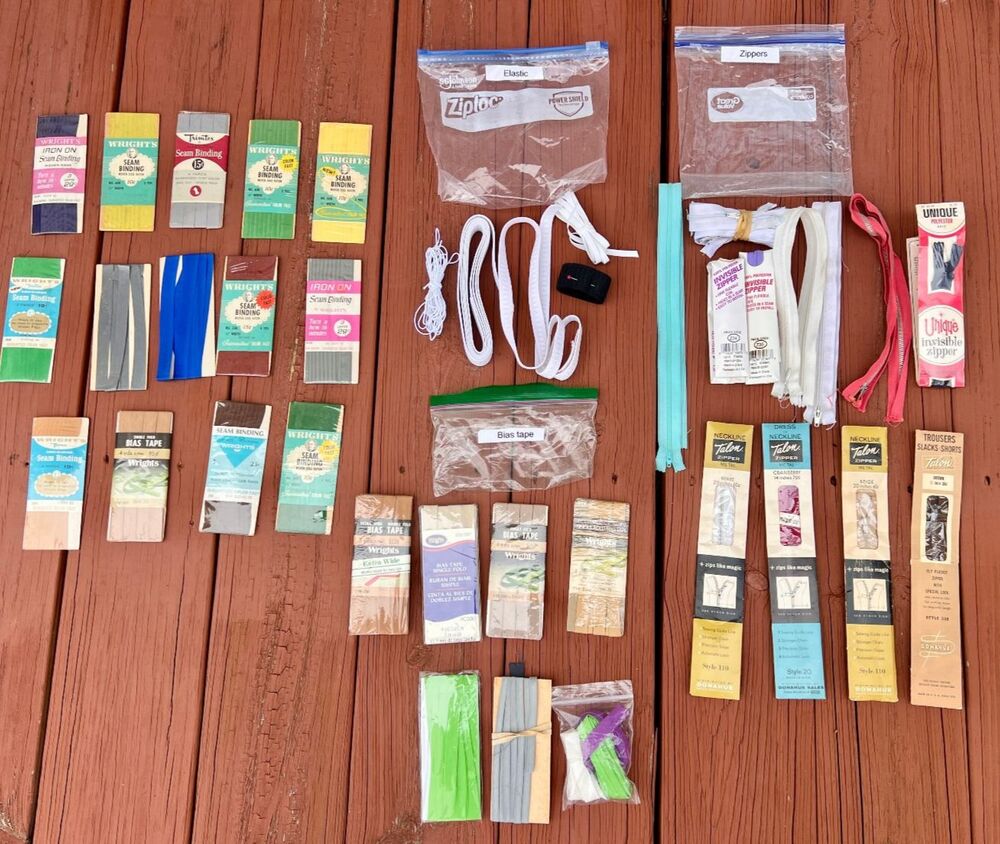 Vintage Sewing Notions Lot Wrights Bias Tape Seam Binding Zippers Elastic Bulk